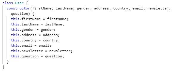 Form in JavaScript user class constructor