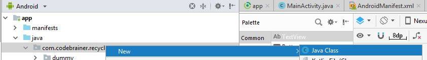 select new java class RecyclerView new java class