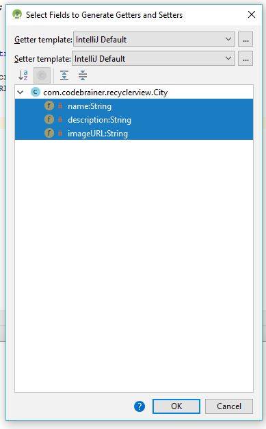 Generate getters and setters RecyclerView display data